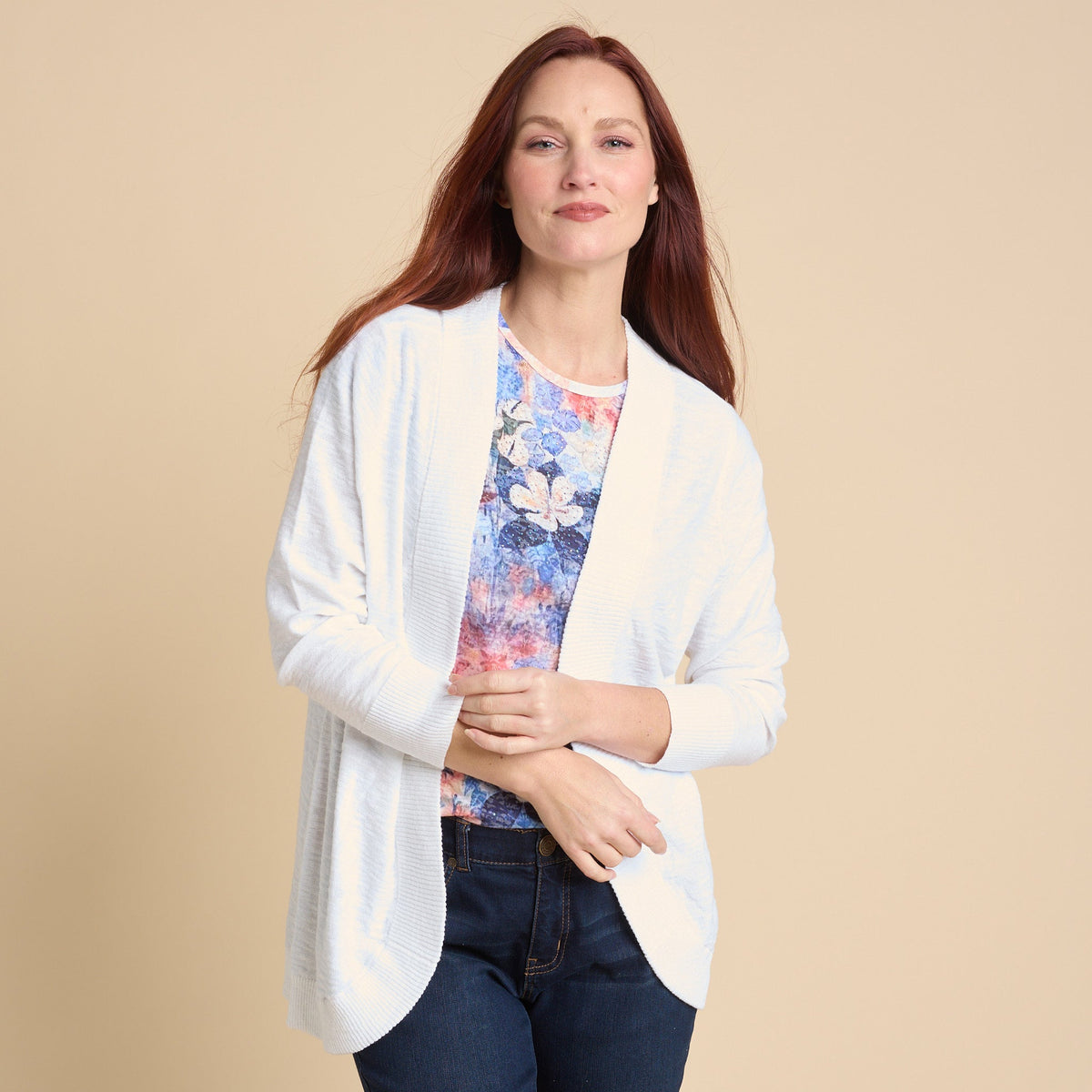 Slub Knit Curved Hem Long Sleeve Cardigan