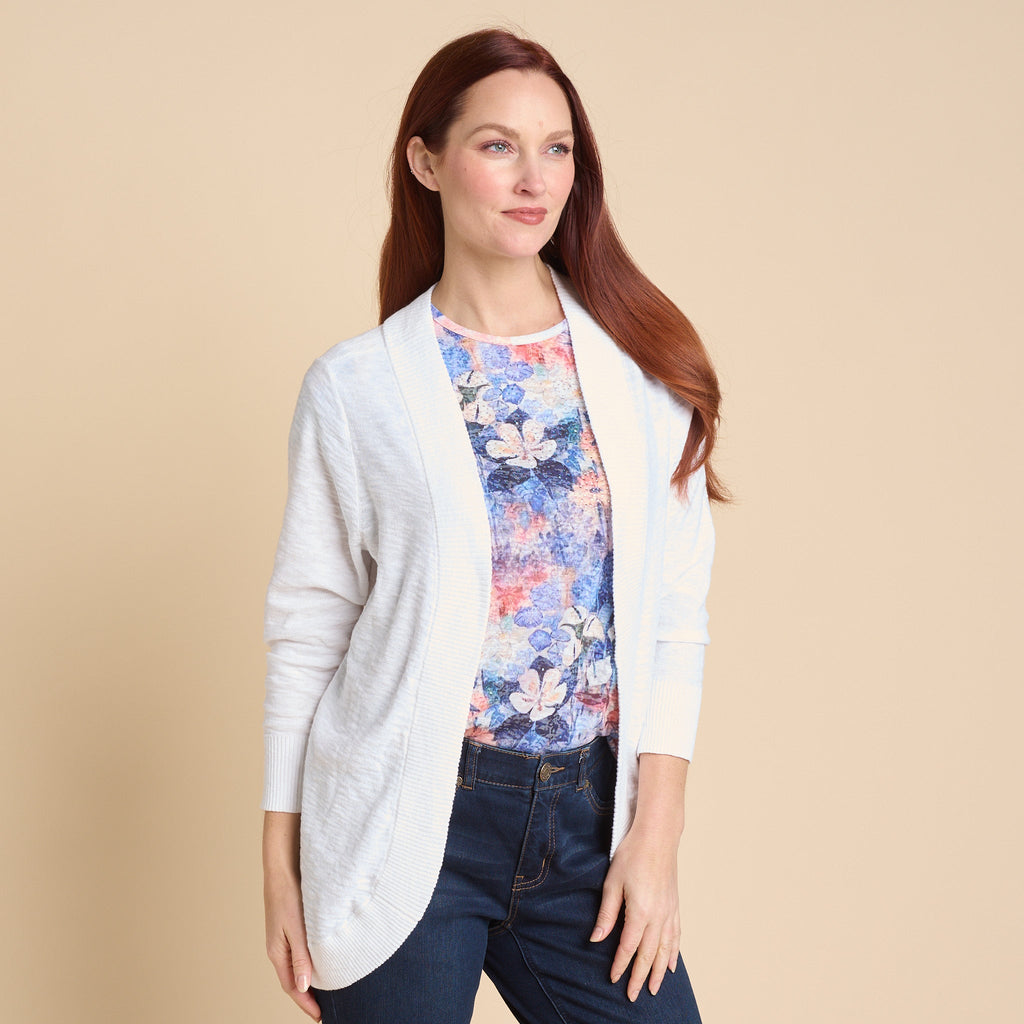 Slub Knit Curved Hem Long Sleeve Cardigan