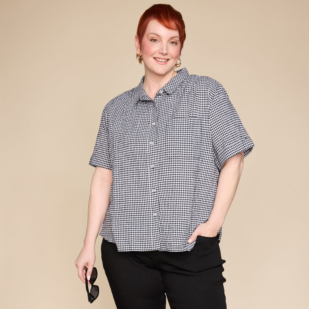 Black Gingham Seersucker Button Front Short Sleeve Shirt