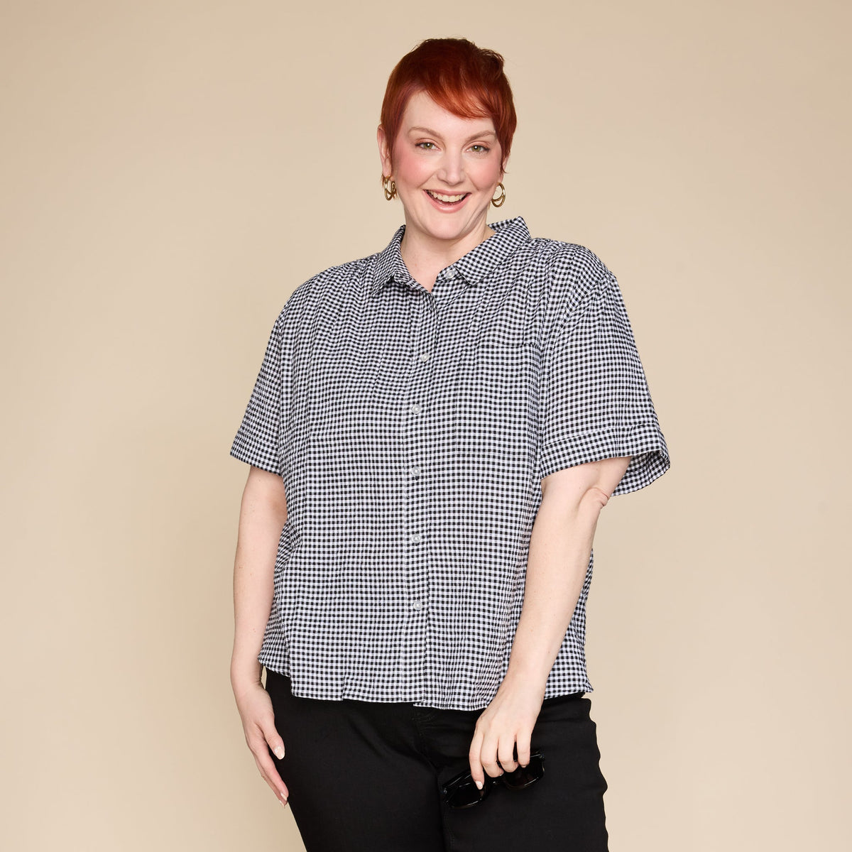 Black Gingham Seersucker Button Front Short Sleeve Shirt