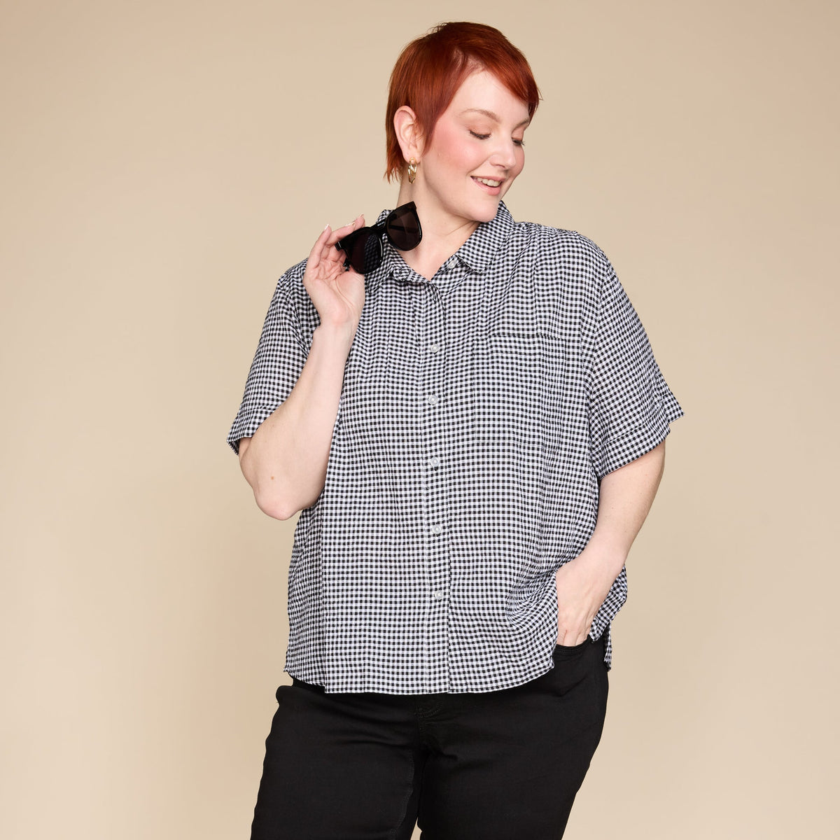 Black Gingham Seersucker Button Front Short Sleeve Shirt
