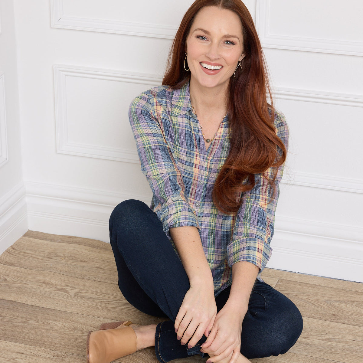 Plaid Y Neck Popover Shirt