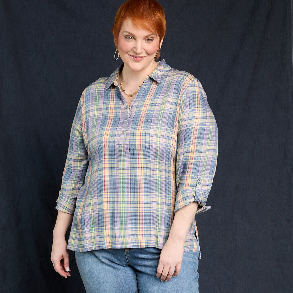 Plaid Y Neck Popover Shirt