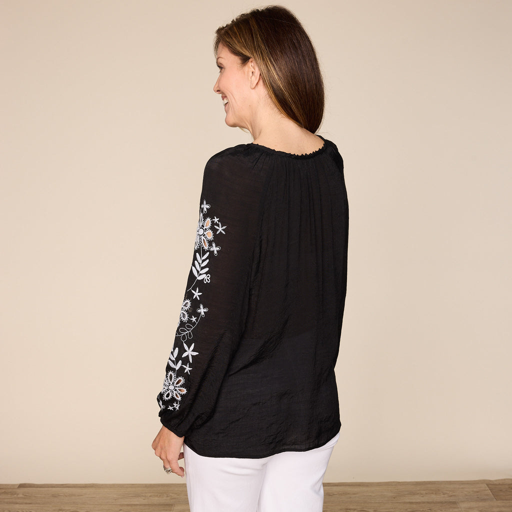 Floral Embroidered Double Gauze Long Sleeve Blouse