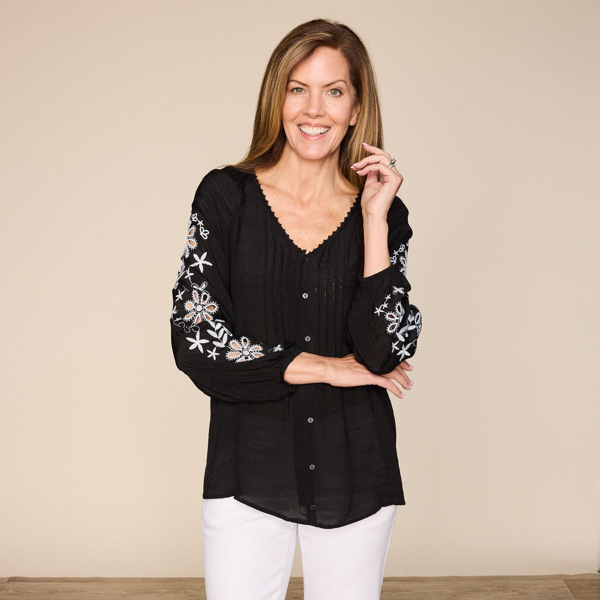 Floral Embroidered Double Gauze Long Sleeve Blouse