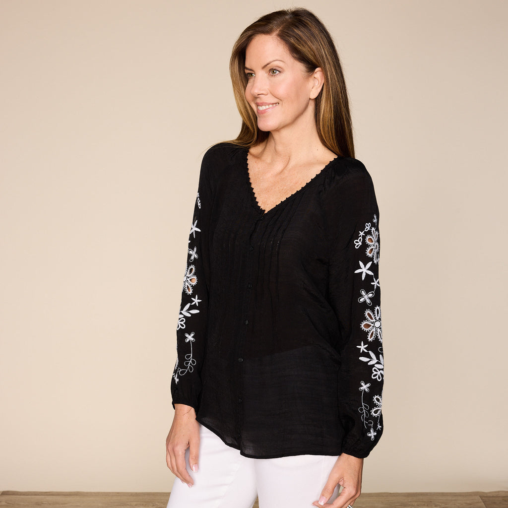 Floral Embroidered Double Gauze Long Sleeve Blouse