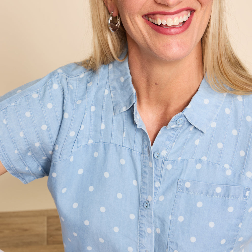 Polka Dot Printed Pleat Detail Tie Front Short Sleeve Shirt