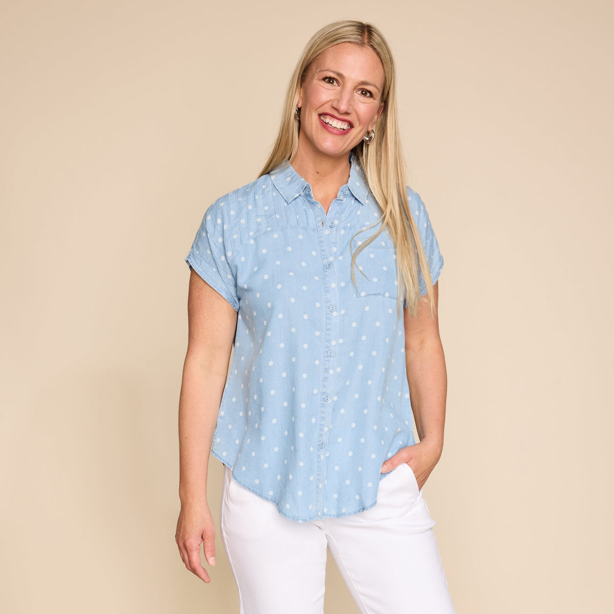 Polka Dot Printed Pleat Detail Tie Front Short Sleeve Shirt