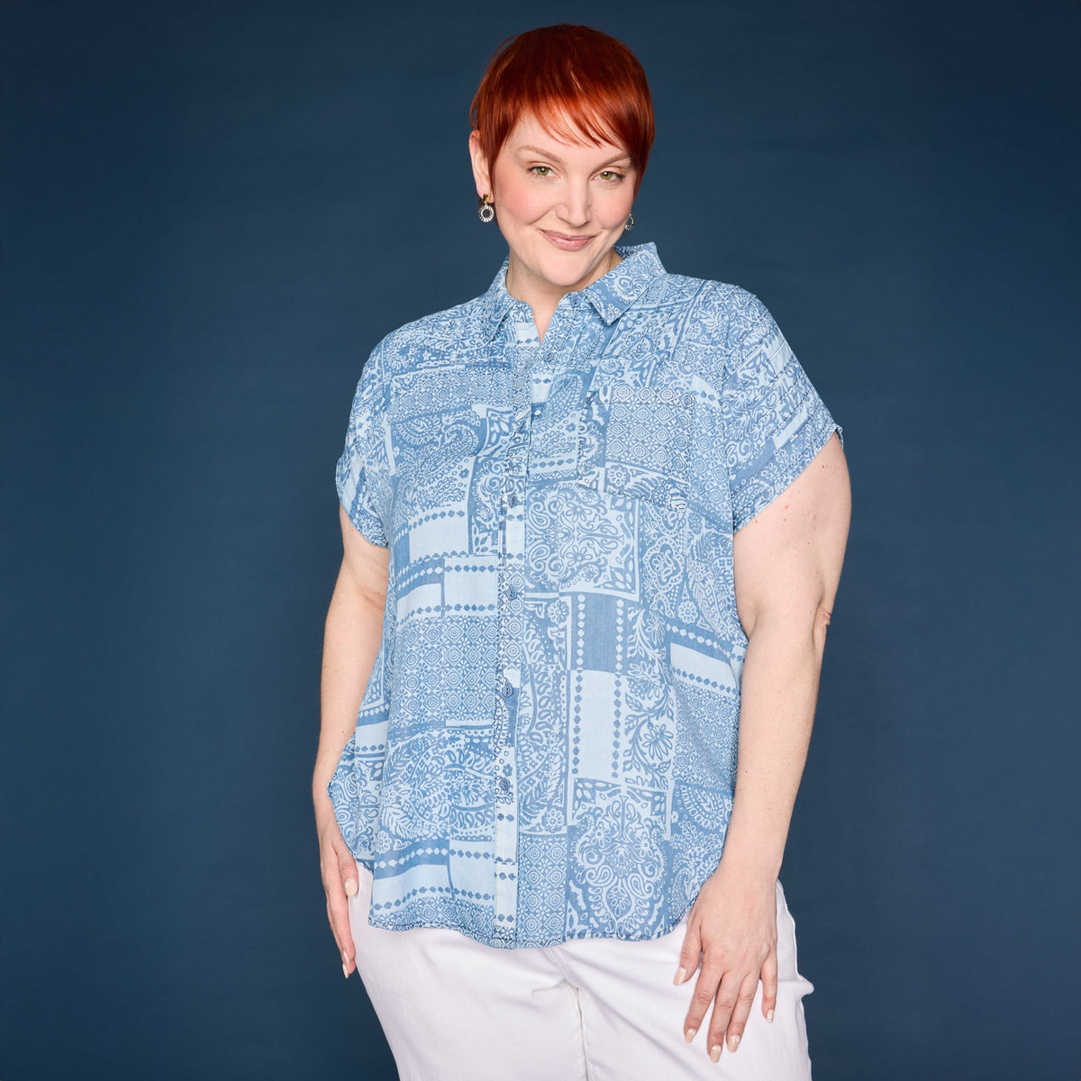 Bandana Printed Pleat Detail Tie Front Short Sleeve Shirt
