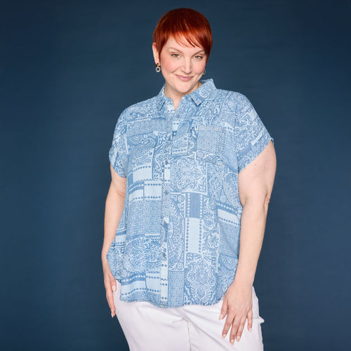 Bandana Printed Pleat Detail Tie Front Short Sleeve Shirt