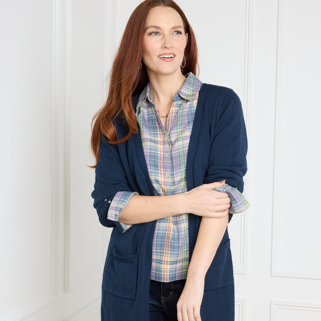 Button Cuff Open Front Long Sleeve Cardigan