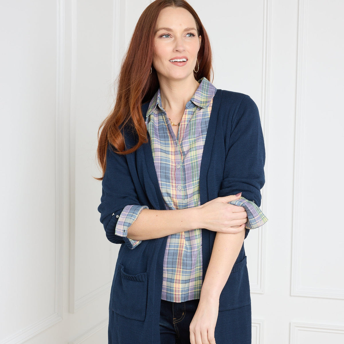 Button Cuff Open Front Long Sleeve Cardigan