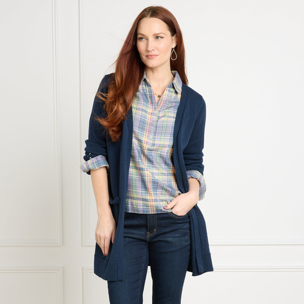 Button Cuff Open Front Long Sleeve Cardigan