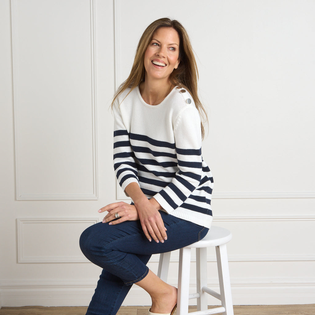 Navy Stripe Button Shoulder 3/4 Sleeve Sweater