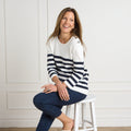 Navy Stripe Button Shoulder 3/4 Sleeve Sweater