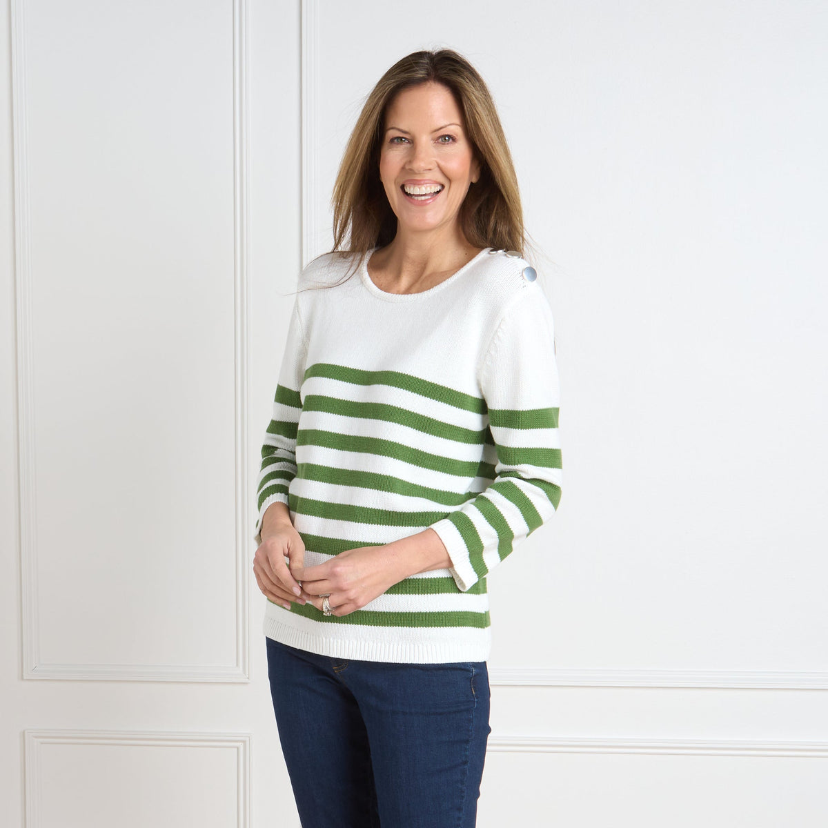 Willow Bough Green Stripe Button Shoulder 3/4 Sleeve Sweater
