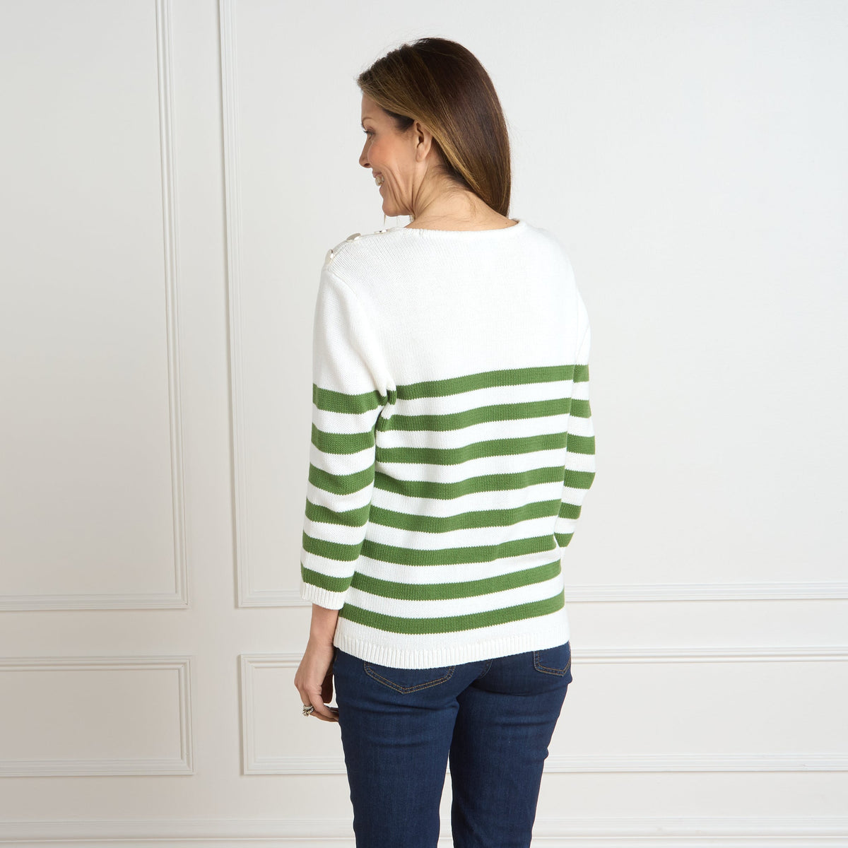 Willow Bough Green Stripe Button Shoulder 3/4 Sleeve Sweater