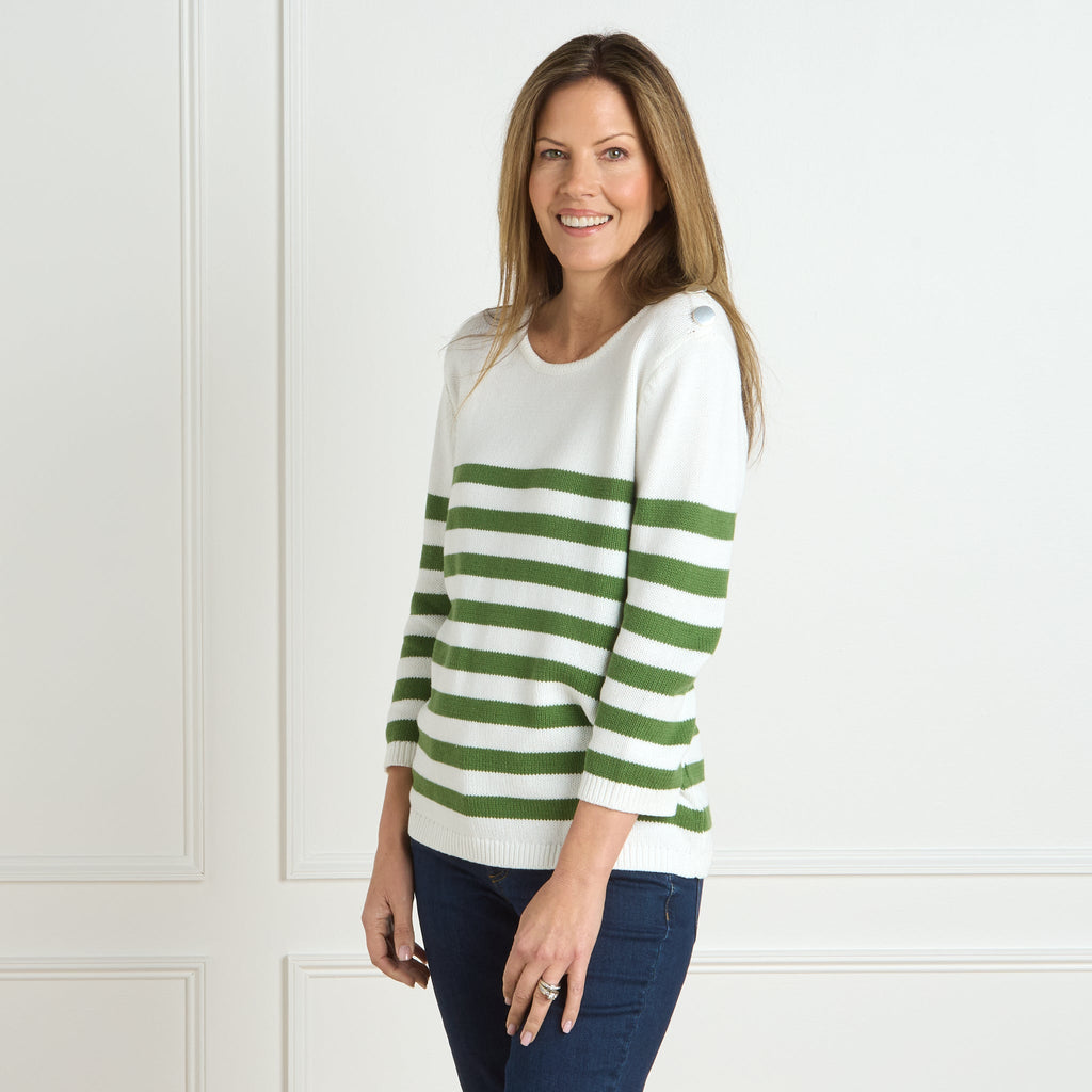 Willow Bough Green Stripe Button Shoulder 3/4 Sleeve Sweater