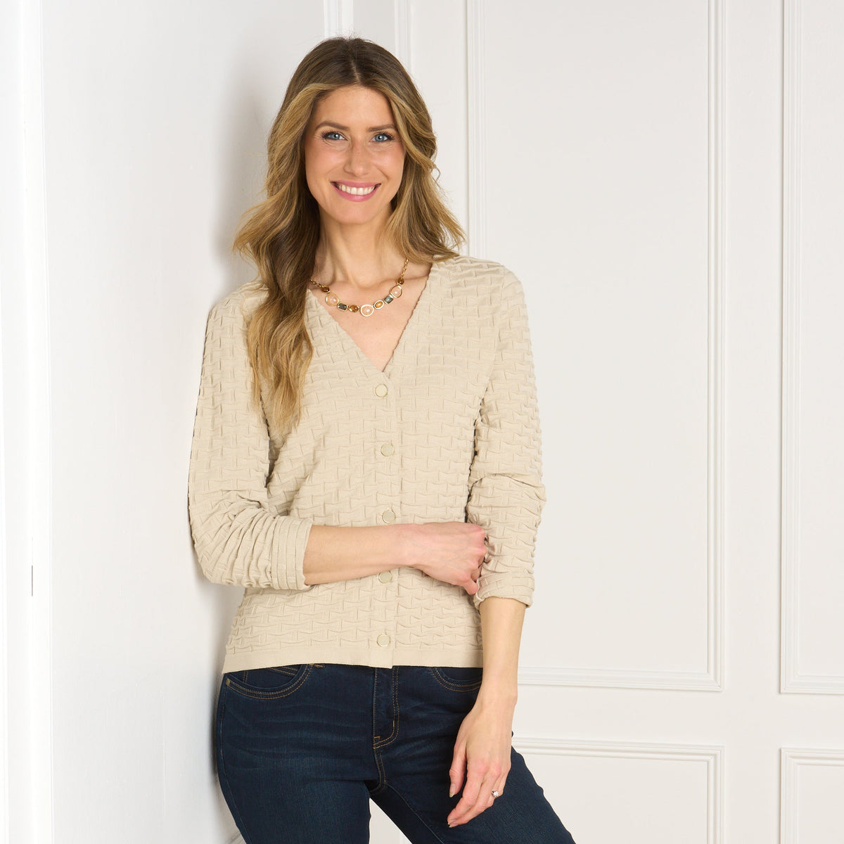 Square Stitch Button Front Long Sleeve Cardigan