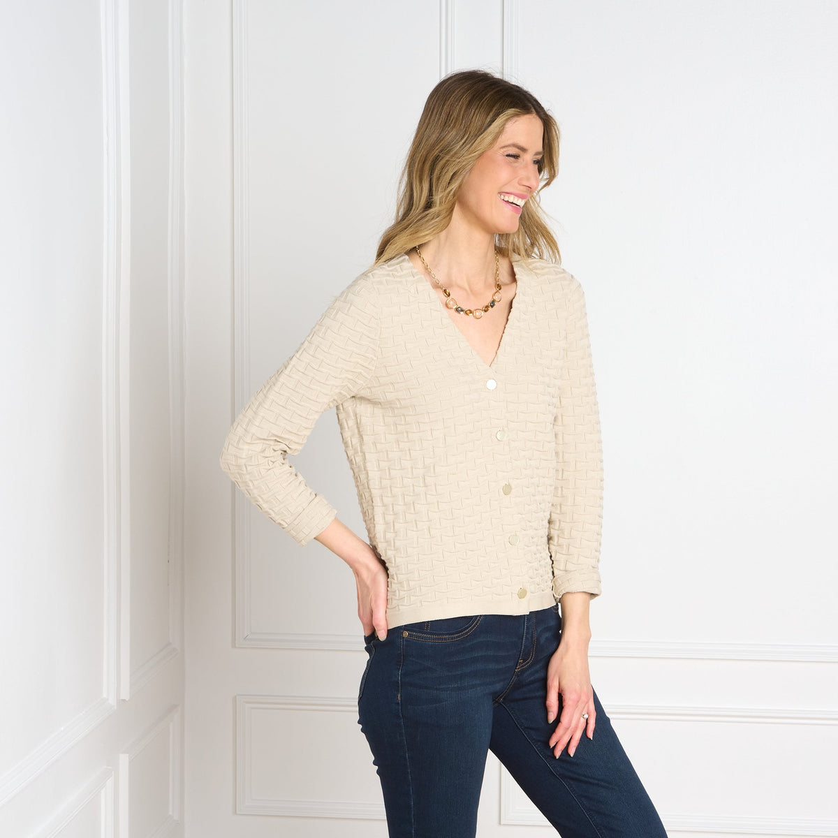Square Stitch Button Front Long Sleeve Cardigan