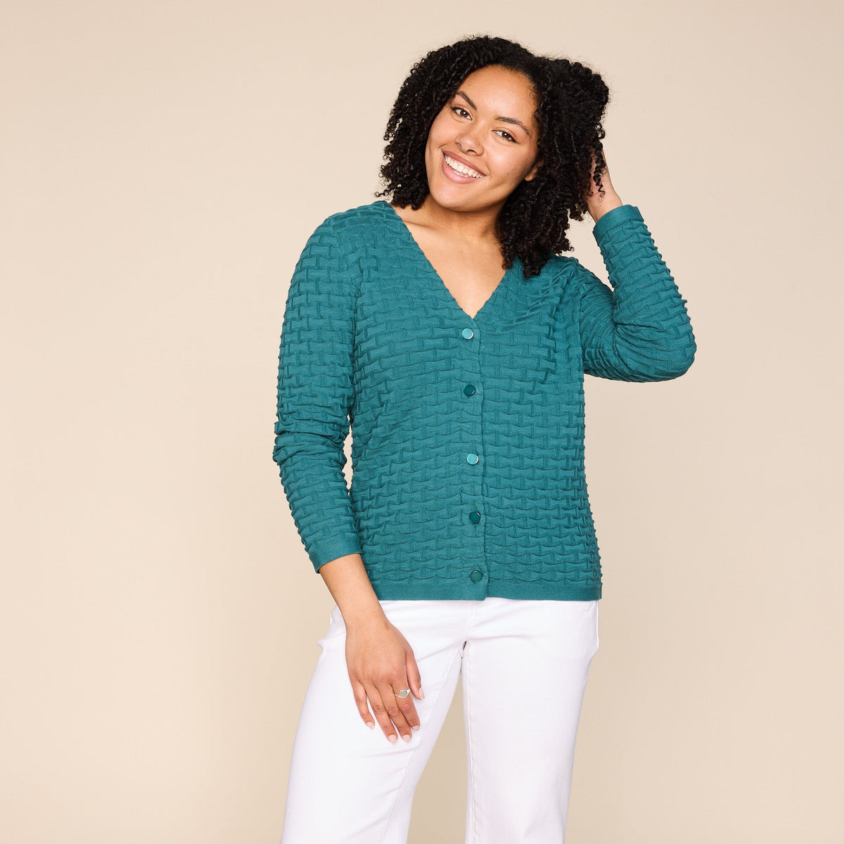 Square Stitch Button Front Long Sleeve Cardigan