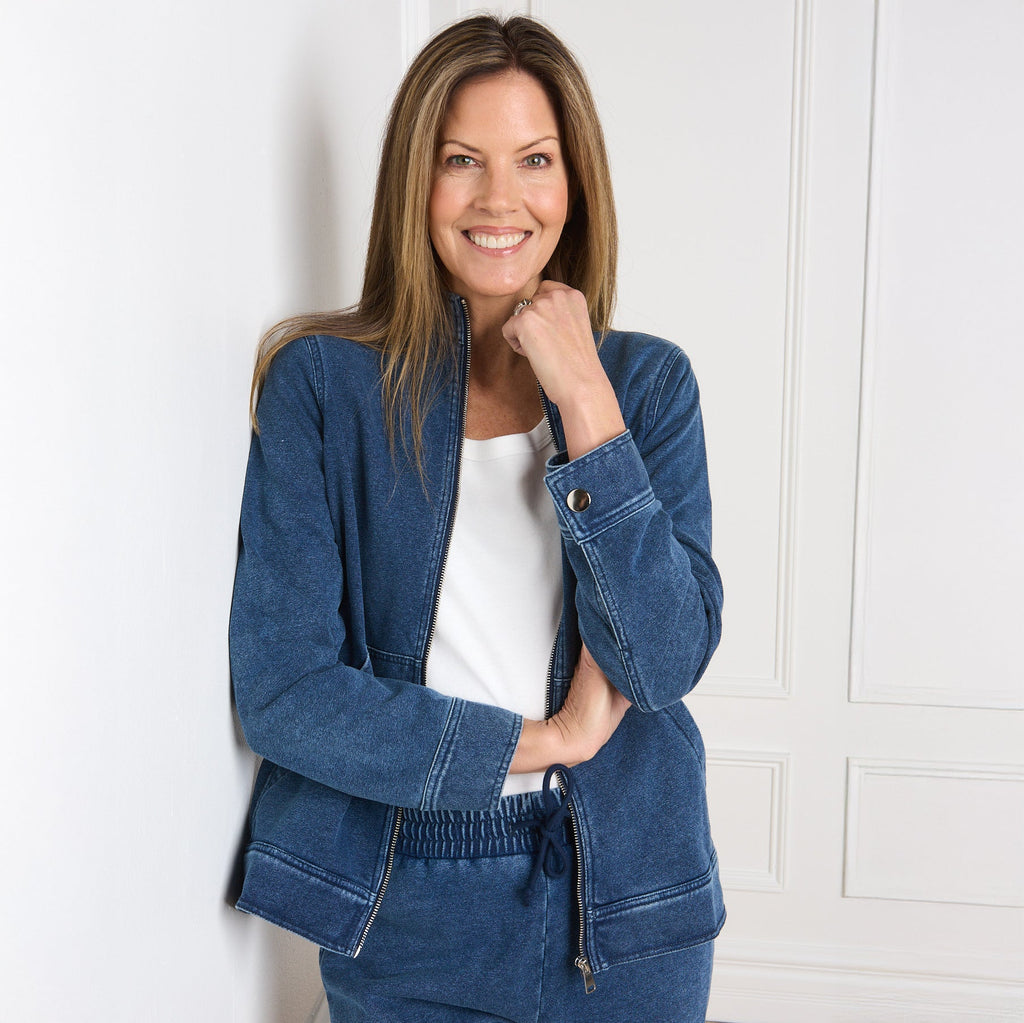 Relaxed Restyled Denim French Terry Zip Front Jacket