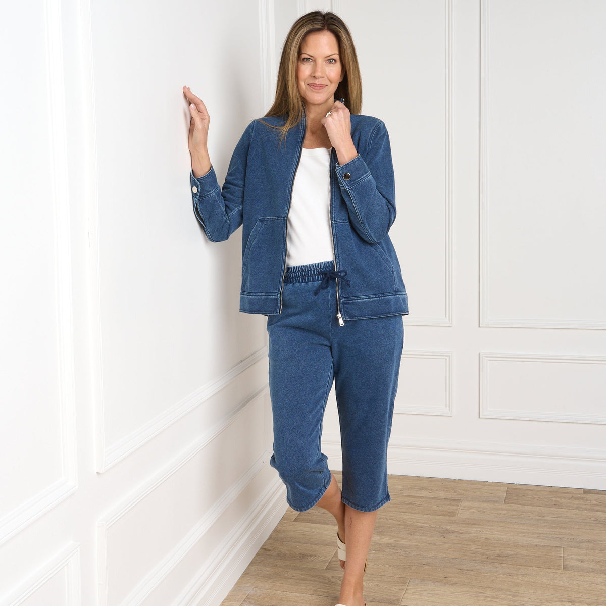 Relaxed Restyled Denim French Terry Zip Front Jacket