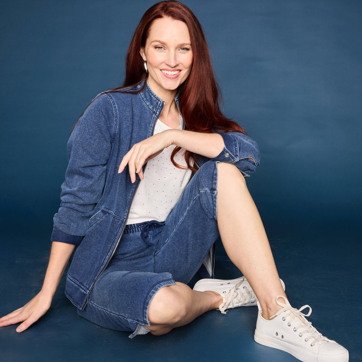 Relaxed Restyled Denim French Terry Zip Front Jacket