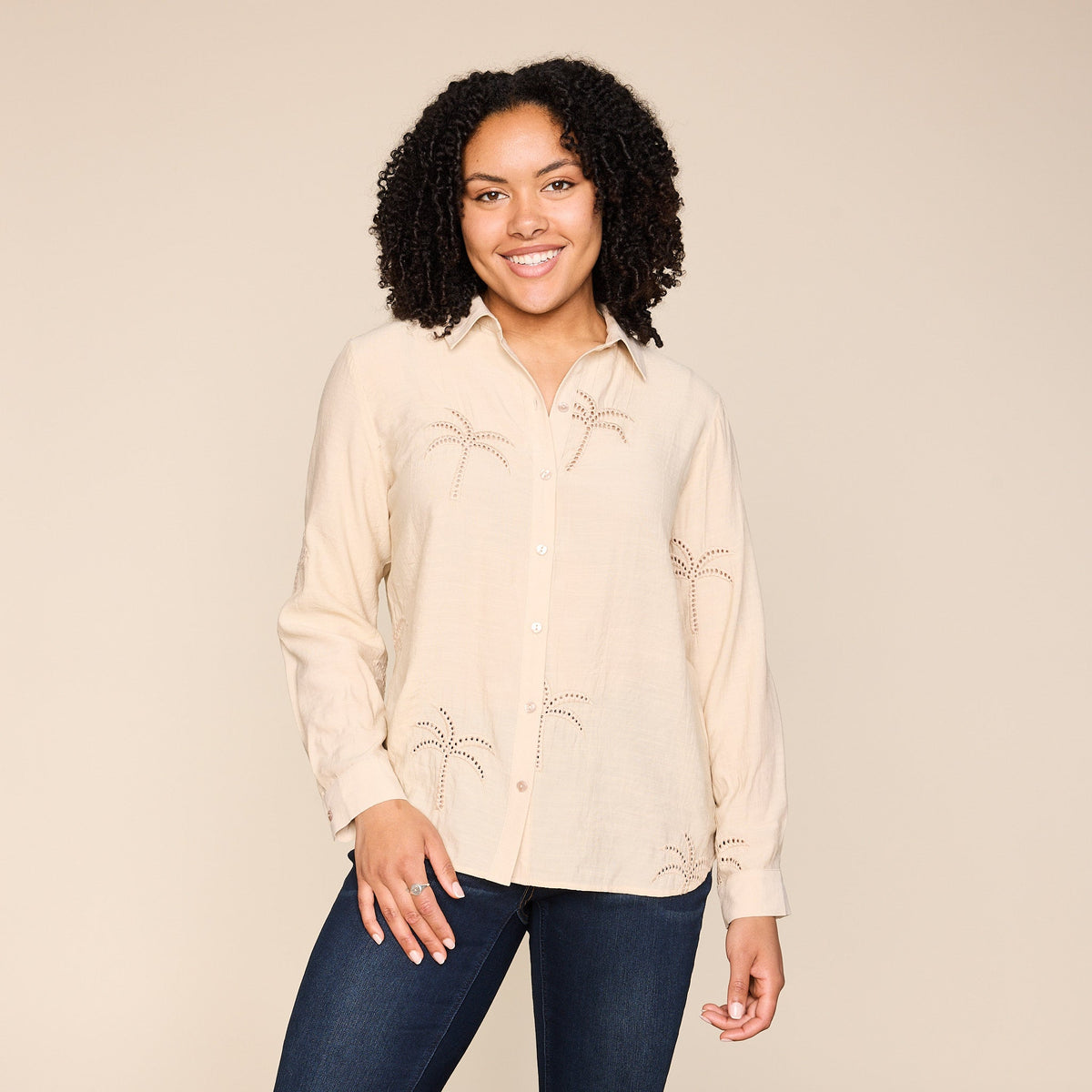 Embroidered Palm Tree Button Front Shirt