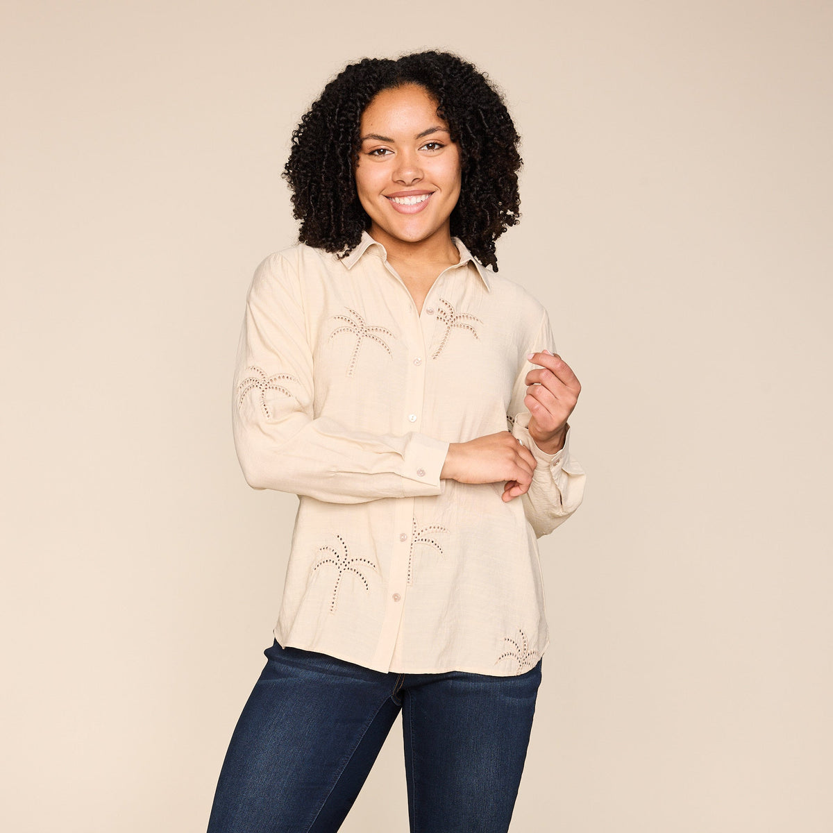 Embroidered Palm Tree Button Front Shirt