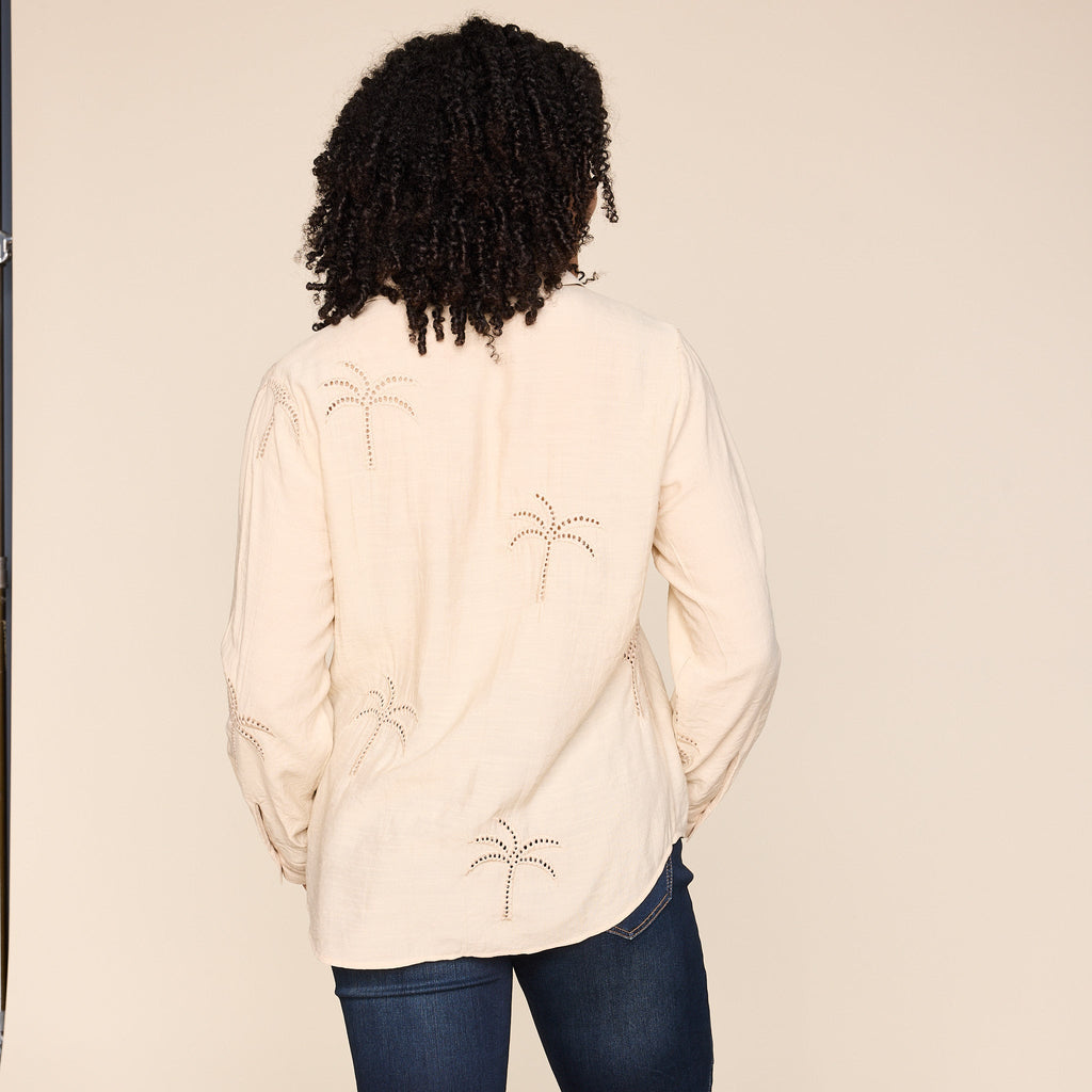 Embroidered Palm Tree Button Front Shirt