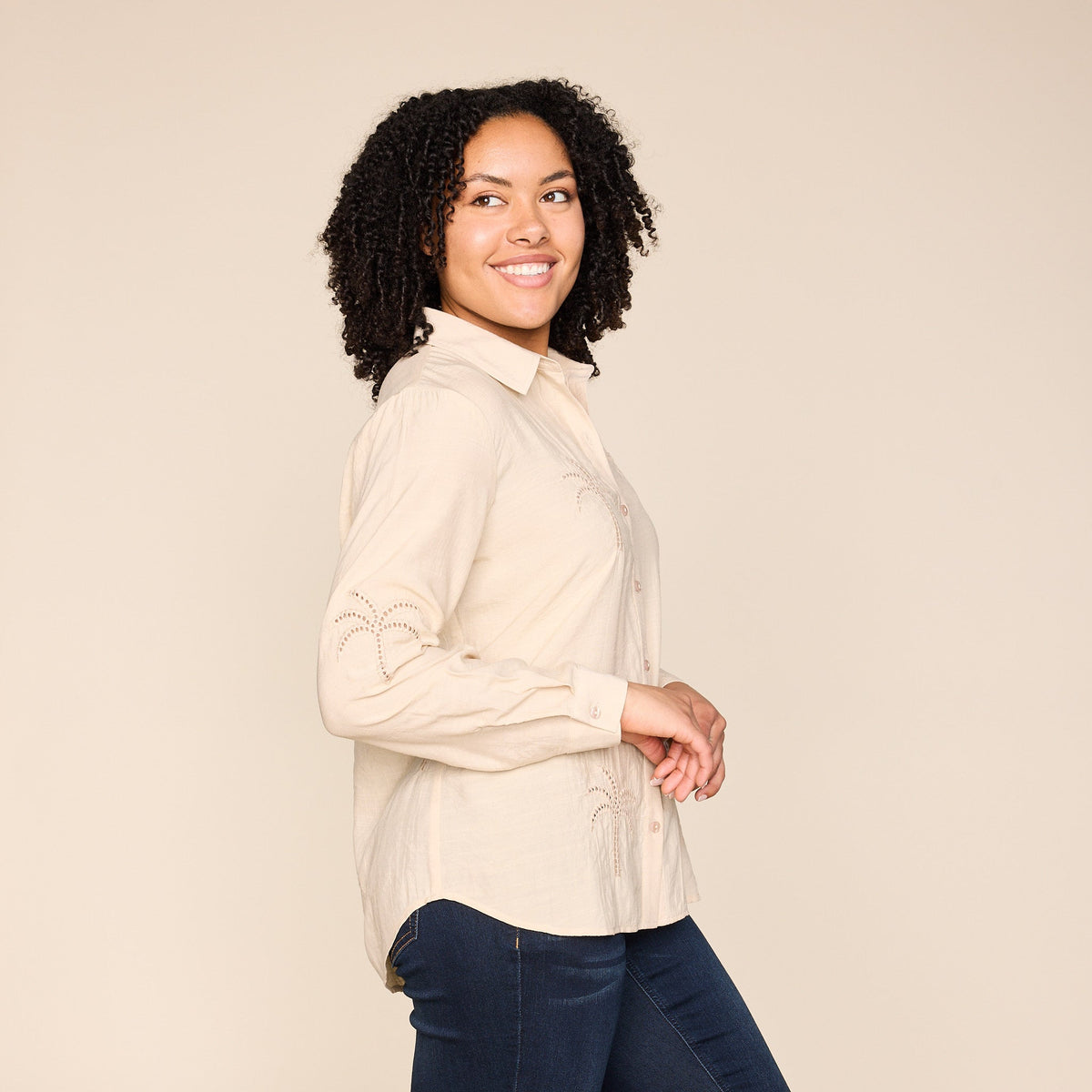 Embroidered Palm Tree Button Front Shirt