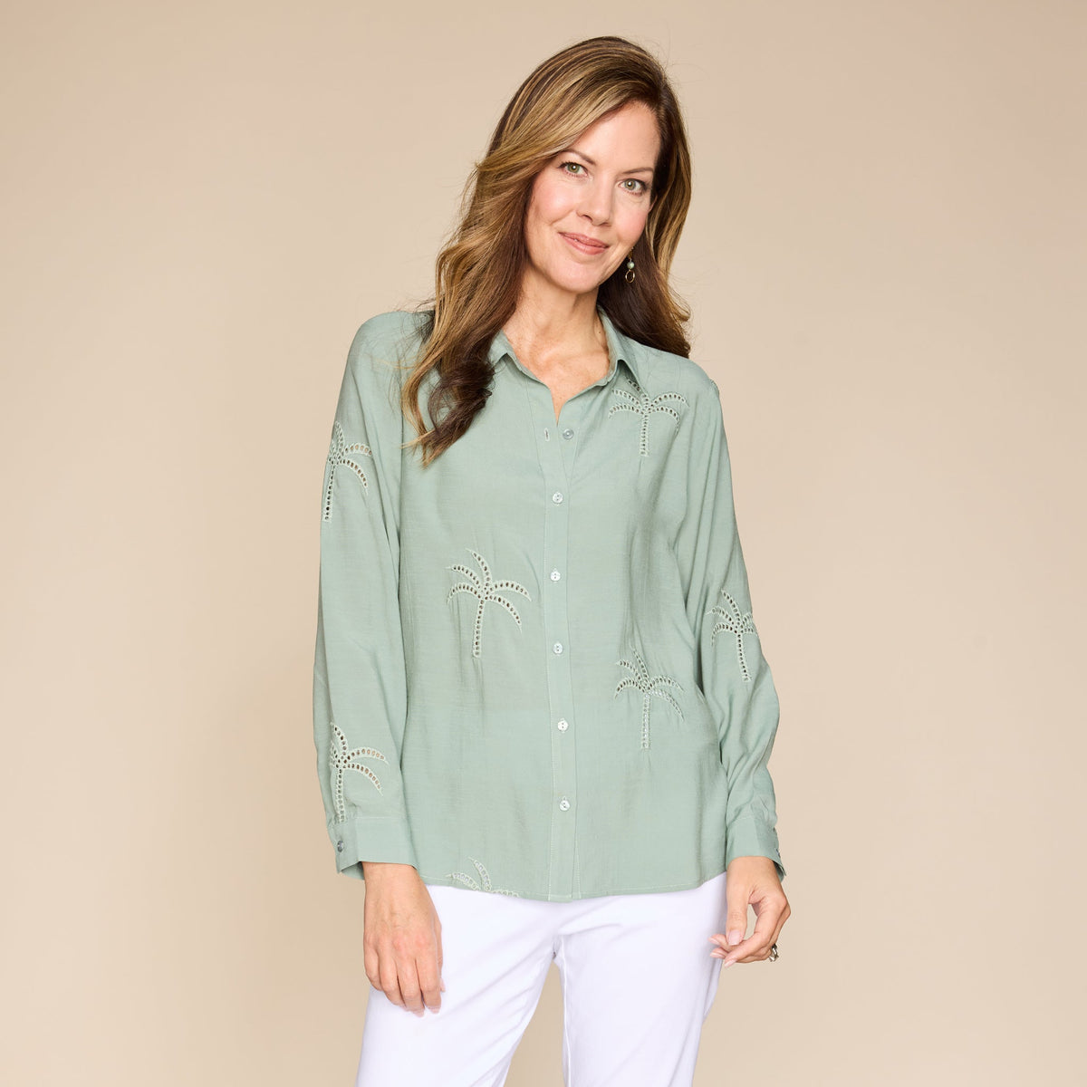 Embroidered Palm Tree Button Front Shirt