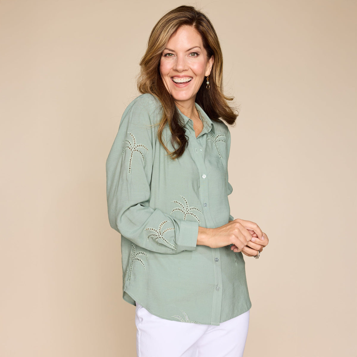 Embroidered Palm Tree Button Front Shirt
