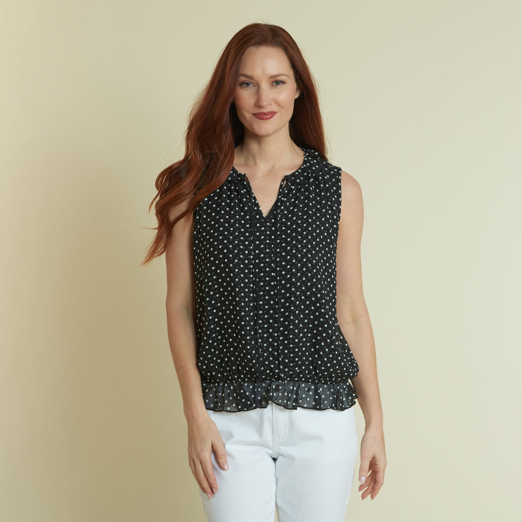 Polka Dot Print Ruffle Hem Sleeveless Blouse
