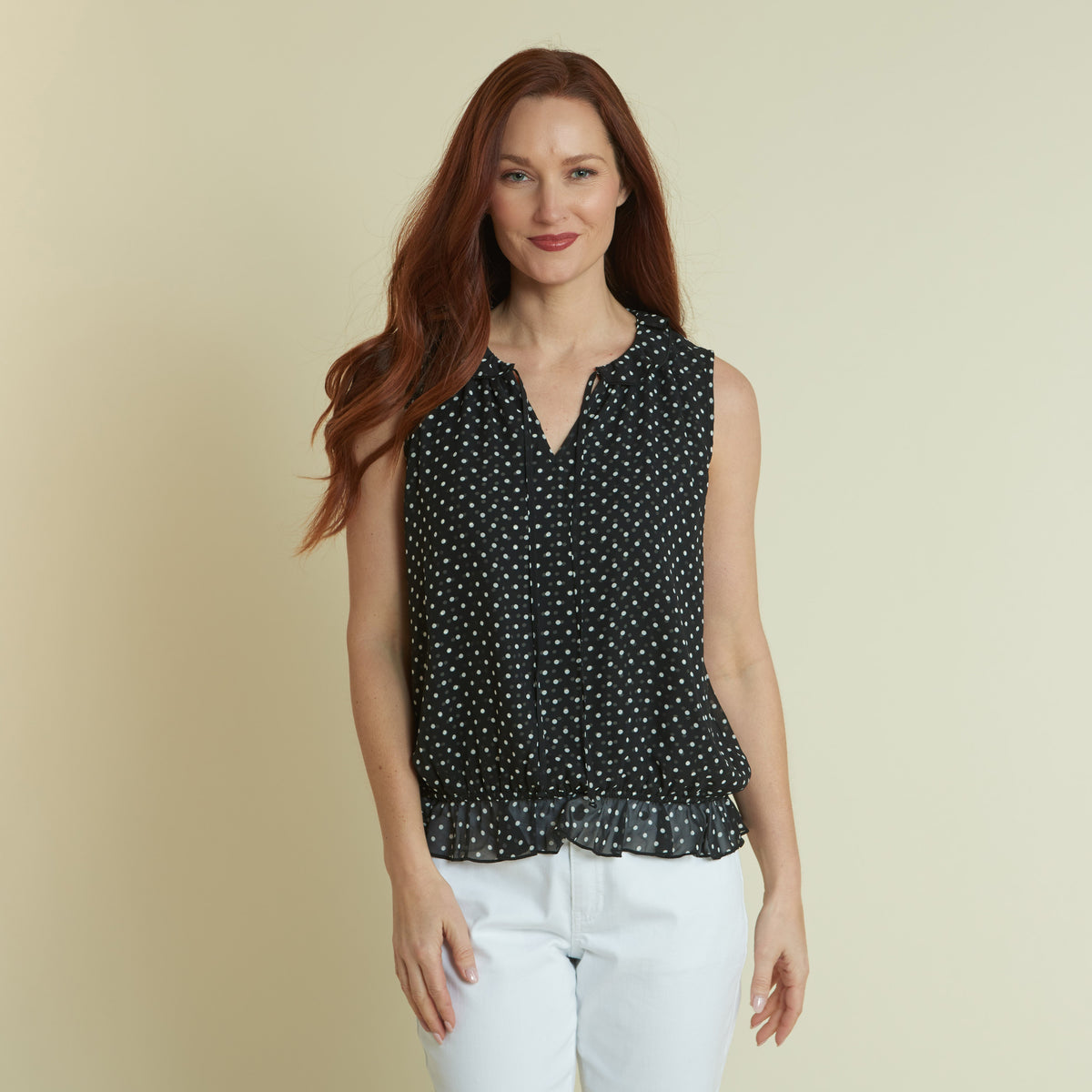 Polka Dot Print Ruffle Hem Sleeveless Blouse