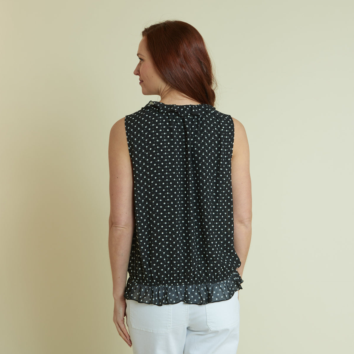 Polka Dot Print Ruffle Hem Sleeveless Blouse