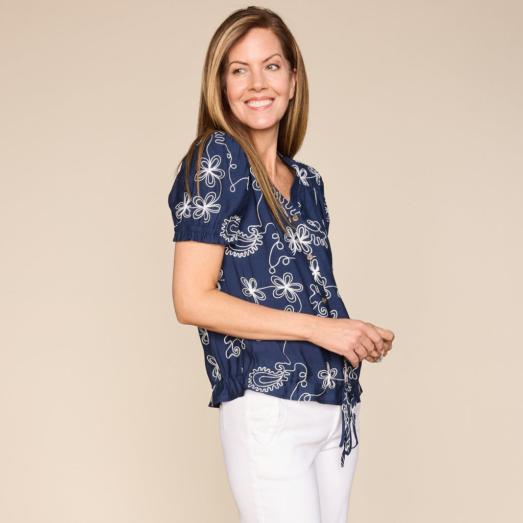 Embroidered Adjustable Tie Waist Button Front Blouse