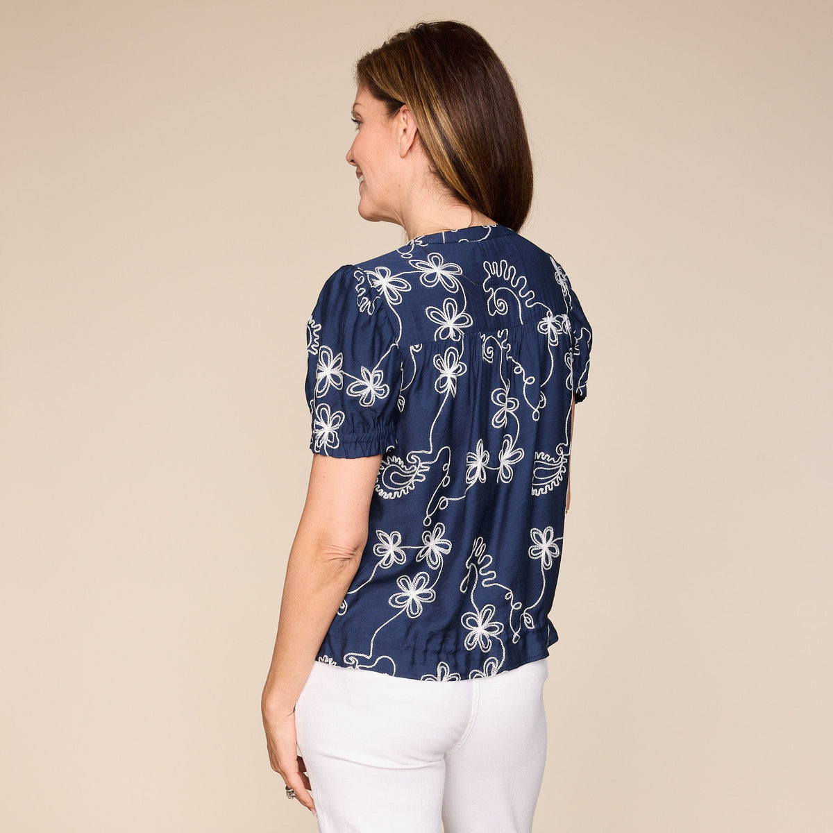 Embroidered Adjustable Tie Waist Button Front Blouse