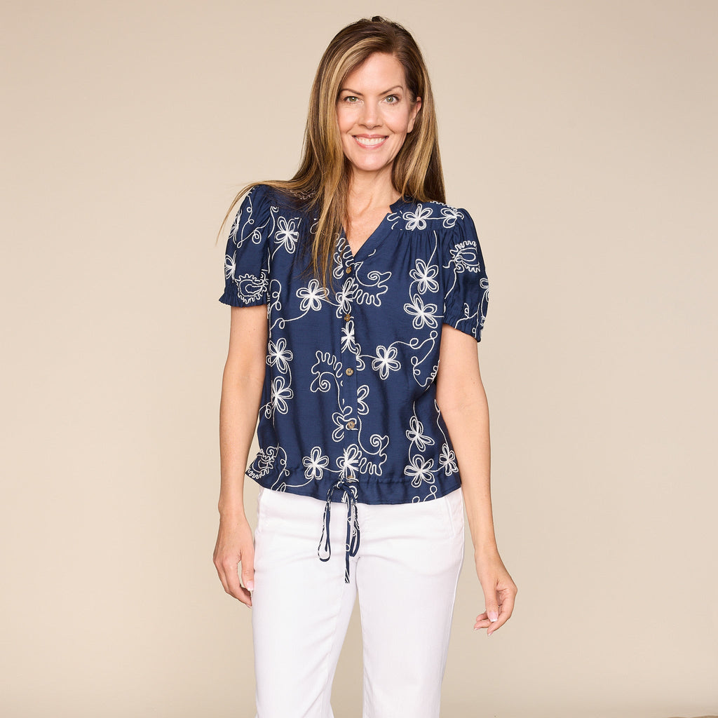 Embroidered Adjustable Tie Waist Button Front Blouse