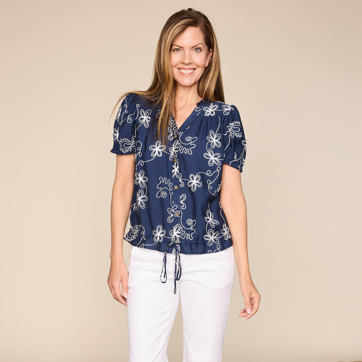 Embroidered Adjustable Tie Waist Button Front Blouse