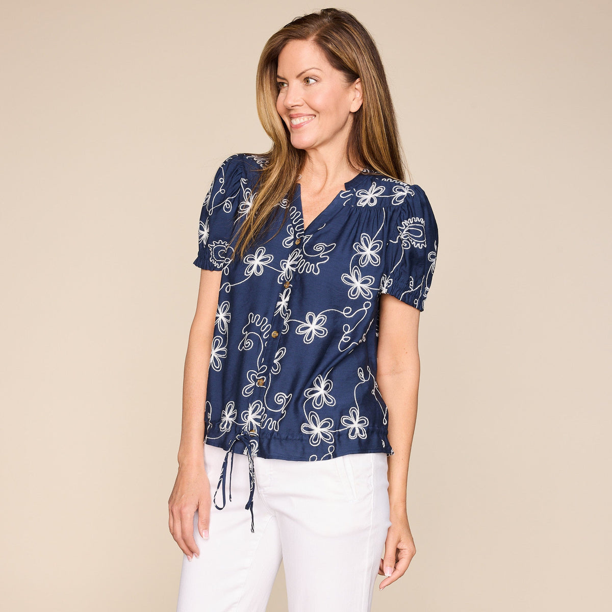 Embroidered Adjustable Tie Waist Button Front Blouse