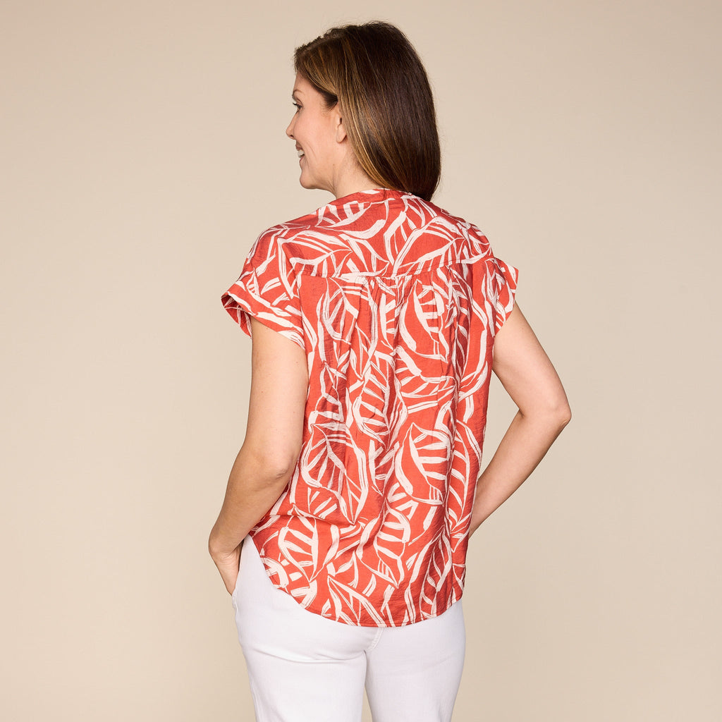 Painted Leaf Print Ladder Lace Detail Top