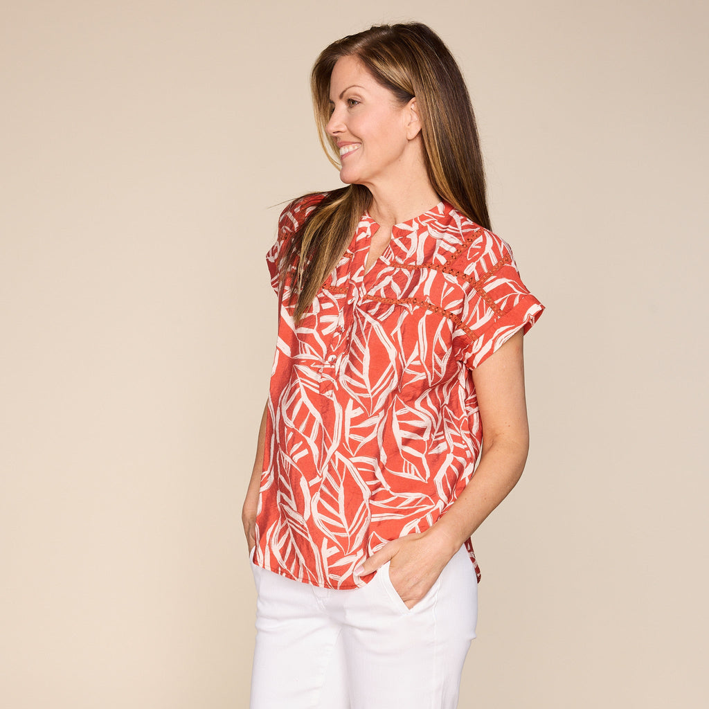 Painted Leaf Print Ladder Lace Detail Top