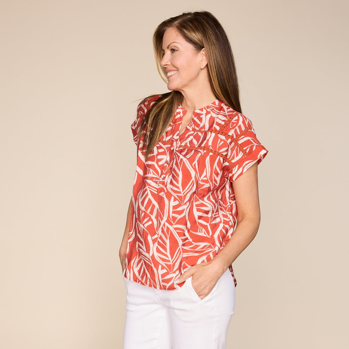 Painted Leaf Print Ladder Lace Detail Top