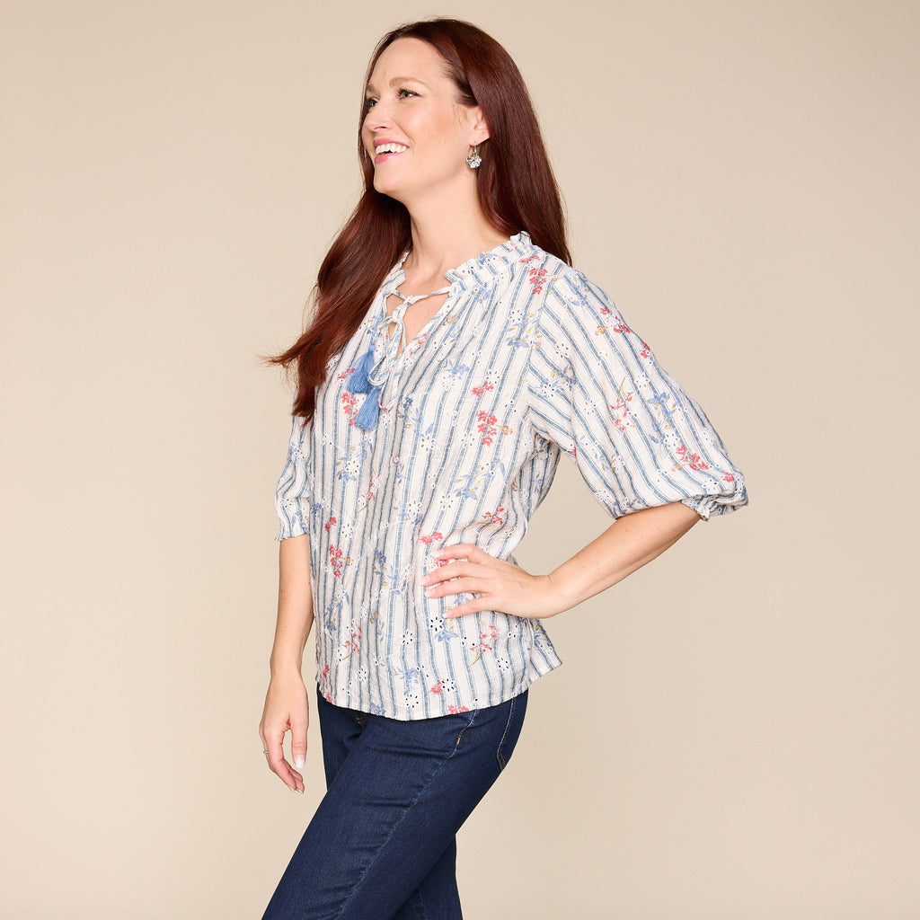 Striped Eyelet Tie Neck 3/4 Sleeve Top