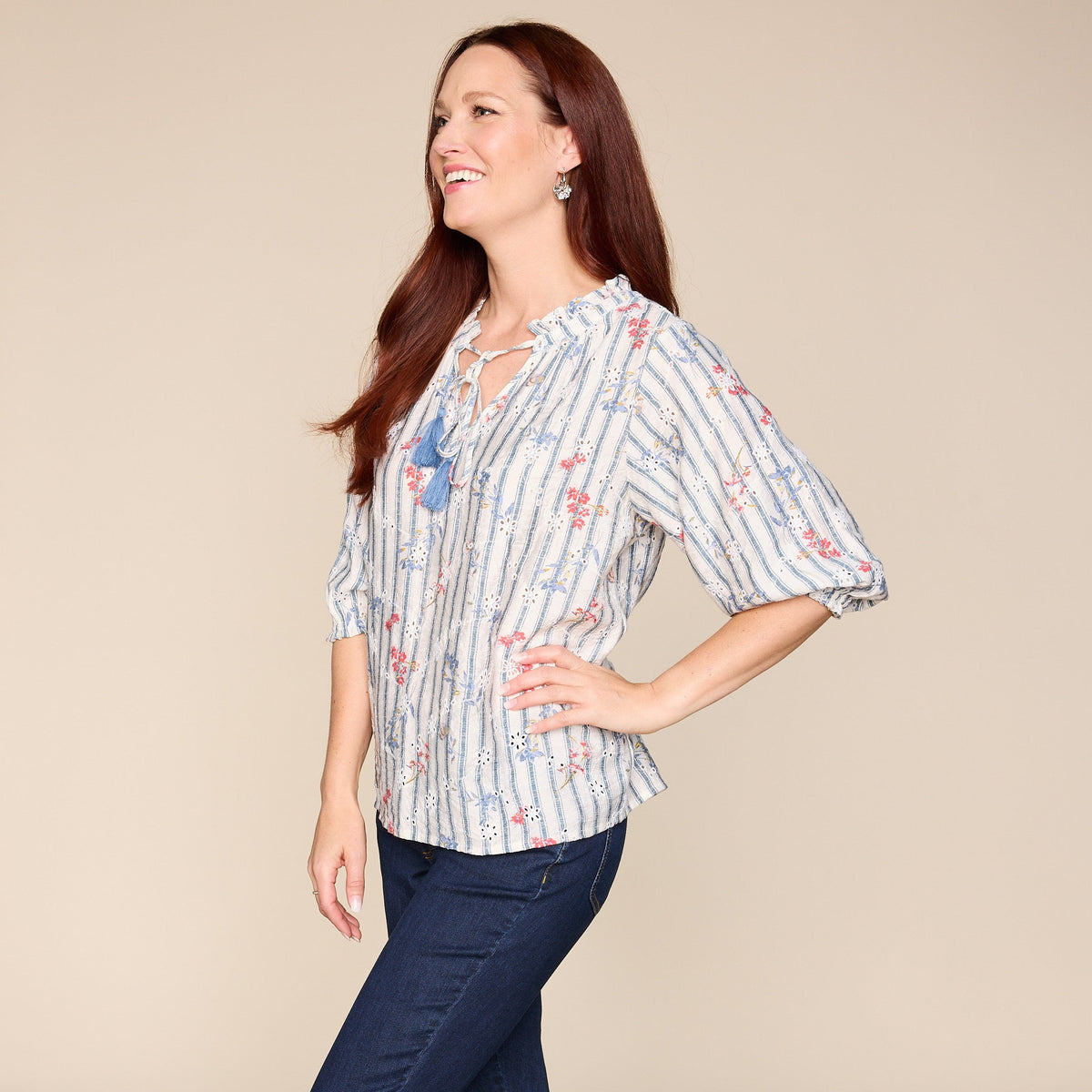 Striped Eyelet Tie Neck 3/4 Sleeve Top