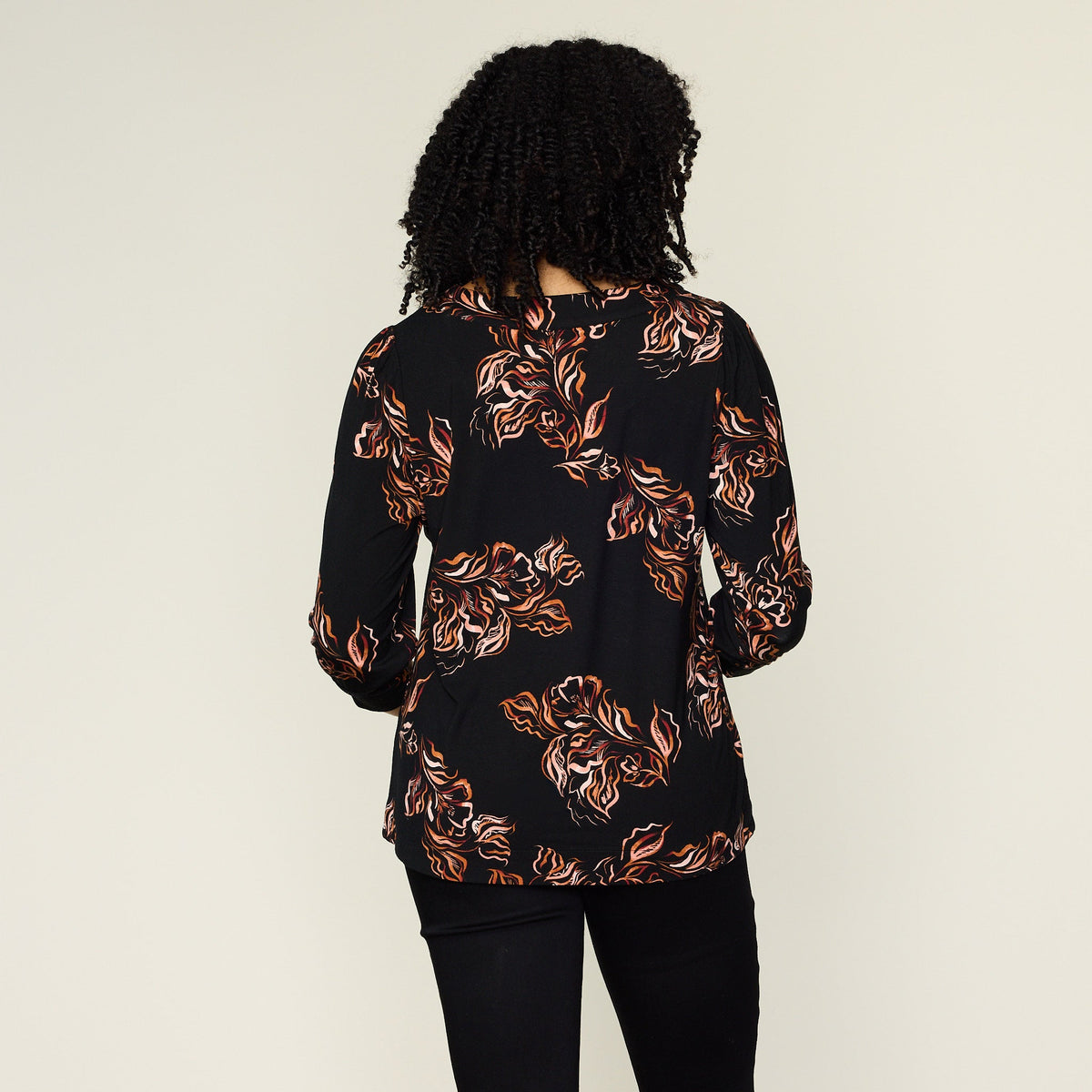 Black Abstract Floral Print 3/4 Sleeve Top
