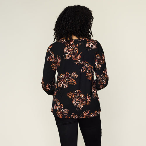 Black Abstract Floral Print 3/4 Sleeve Top