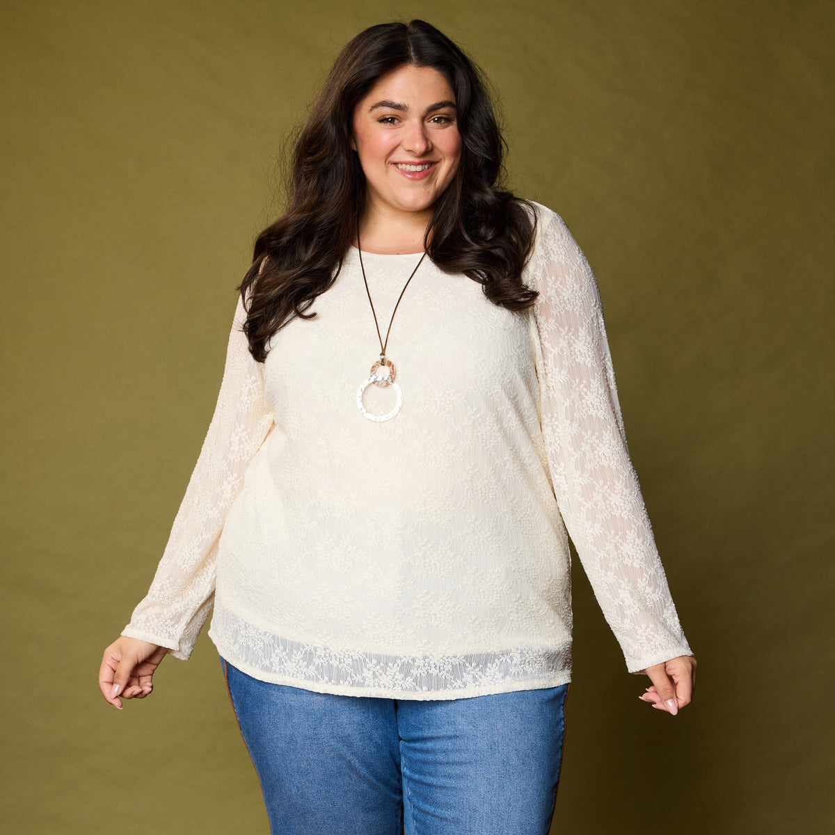 Lace Satin Trim Long Sleeve Knit Top